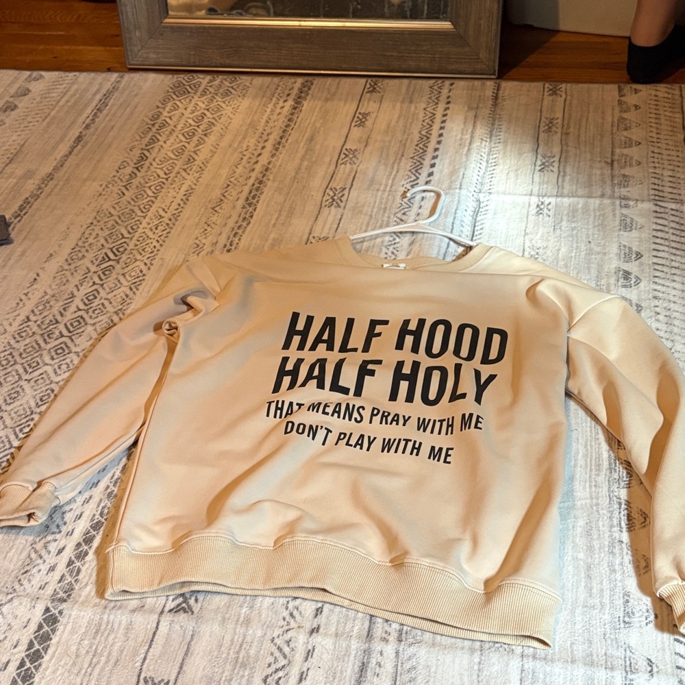 SHEIN Cream Long Sleeve Tee with Bold Text
